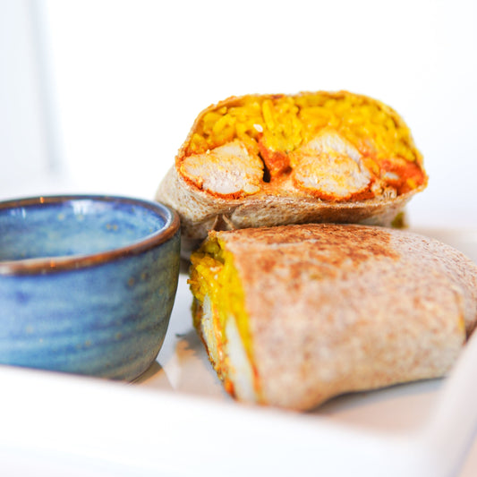 Chicken Tikka Burrito with a Zesty Sour Cream Dip.